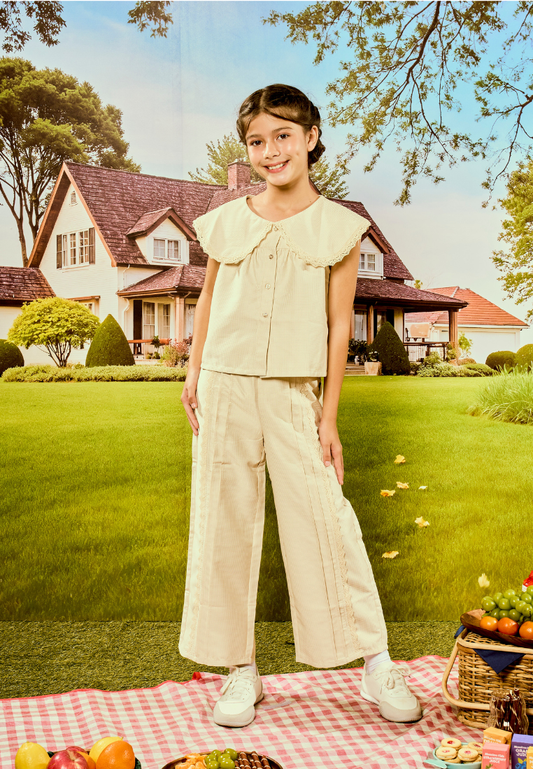 Mossimo Kids Beige Poplin Shirt & Pants w/ Lace Trims Set For Girls