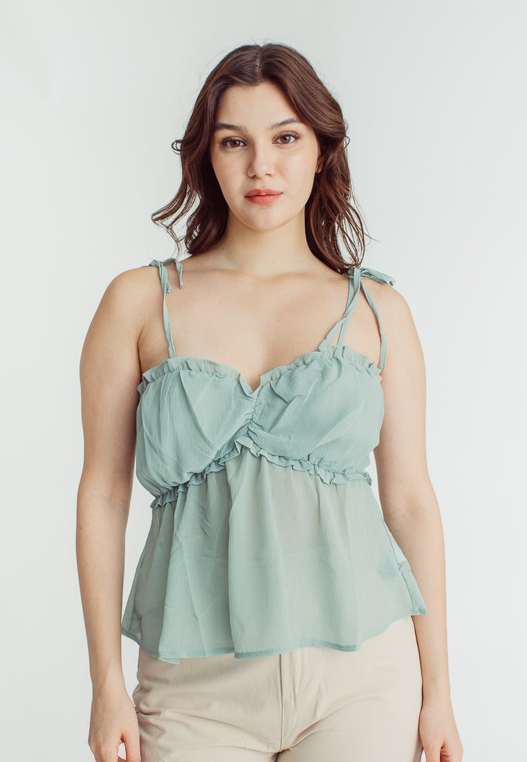 Nika Sage Green Peplum Top with Ruffle Details and Ribbon Tie Straps