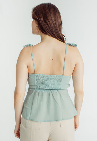 Nika Sage Green Peplum Top with Ruffle Details and Ribbon Tie Straps