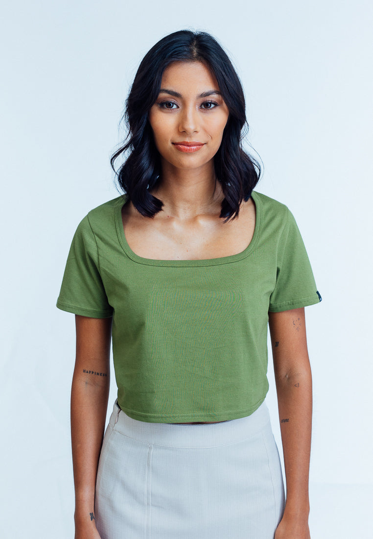 Mossimo Jayla Olive Green Square Neck Retro Cropped Fit Tee