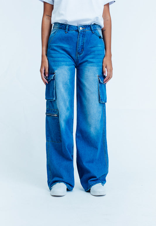 Mossimo Glaiza Medium Blue Baggy Cargo Mid Rise Fit Jeans