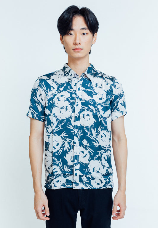 Mossimo Simon Blue Classic fit Printed Short Sleeve Buttondown