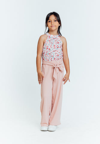 Mossiko Kids Kristen Light Pink Floral Belted Halter Jumpsuit