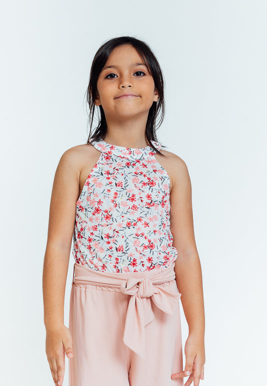 Mossiko Kids Kristen Light Pink Floral Belted Halter Jumpsuit