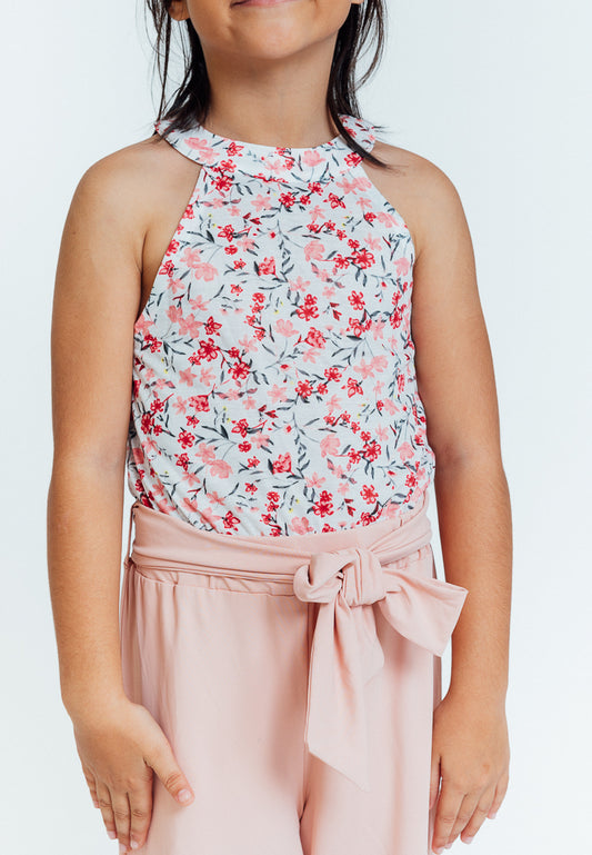 Mossiko Kids Kristen Light Pink Floral Belted Halter Jumpsuit
