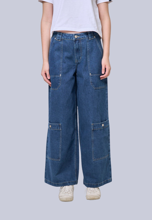 Mossimo Fia Med Blue Wide Mid Rise Cargo Jeans