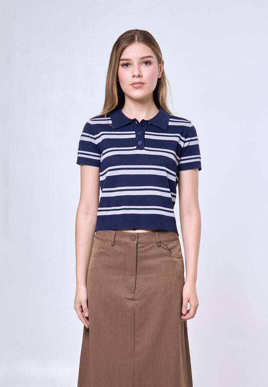 Mossimo Beatrix Navy White Striped Collar Polo