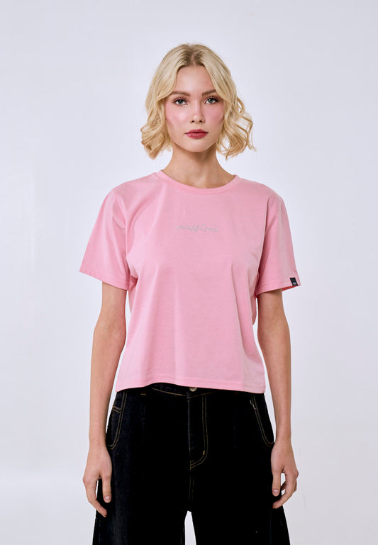 Mossimo Women's Crepe Pink Pearl Studs Logo Classic Cropped Fit Tee