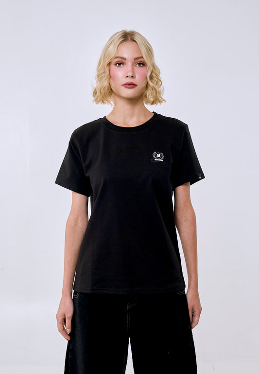 Mossimo Women's Black Twill Patch Logo Classic Fit Tee