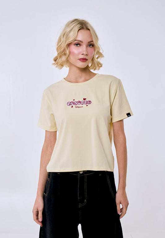 Mossimo Women's Cream Felt Patch Logo Classic Cropped Fit Tee
