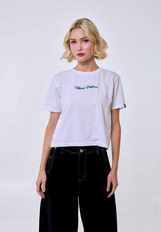 Mossimo Women's White Embroidered Logo Classic Cropped Fit Tee