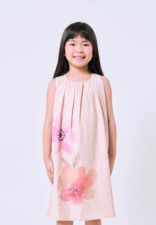 Mossimo Kids Girls Beige Pleated Watercolor Floral Sun Dress