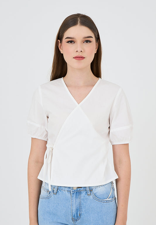 Mossimo Julia White Wrap Top with Puff Sleeves