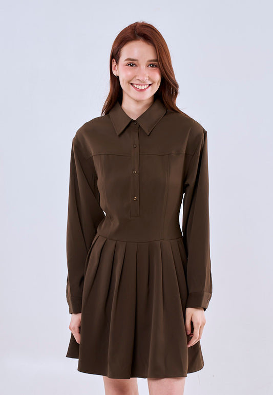 Mossimo Aurelia Brown Long Sleeves Pleated Mini Dress For Women