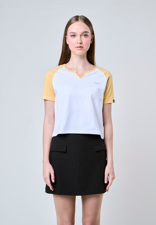 Mossimo Isla White Yellow Raglan Classic Cropped Fit Tee