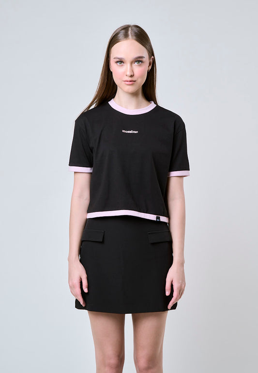 Mossimo Katya Black Boxy Ringer Modern Crop Fit Tee