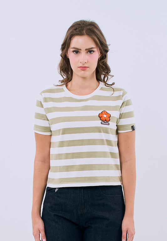 Mossimo Amaris Olive Striped Classic Cropped Fit Tee For Women
