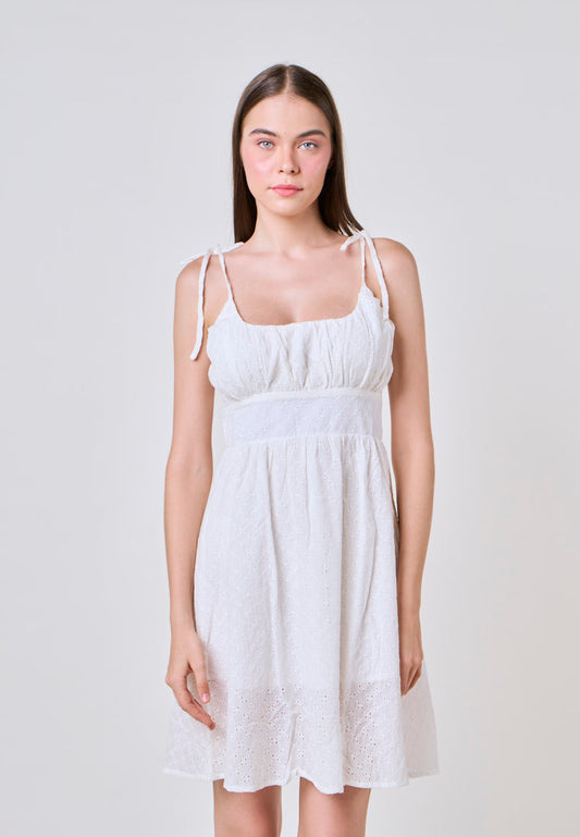 White Fashion Gartered Eyelet Mini Dress Tailored Fit