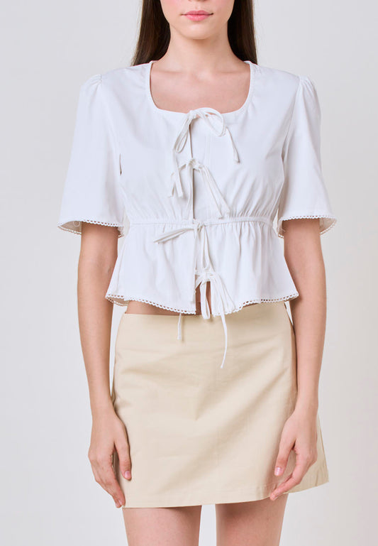 Mossimo Lucy White Self-Tie Peplum Woven Top w/ Lace