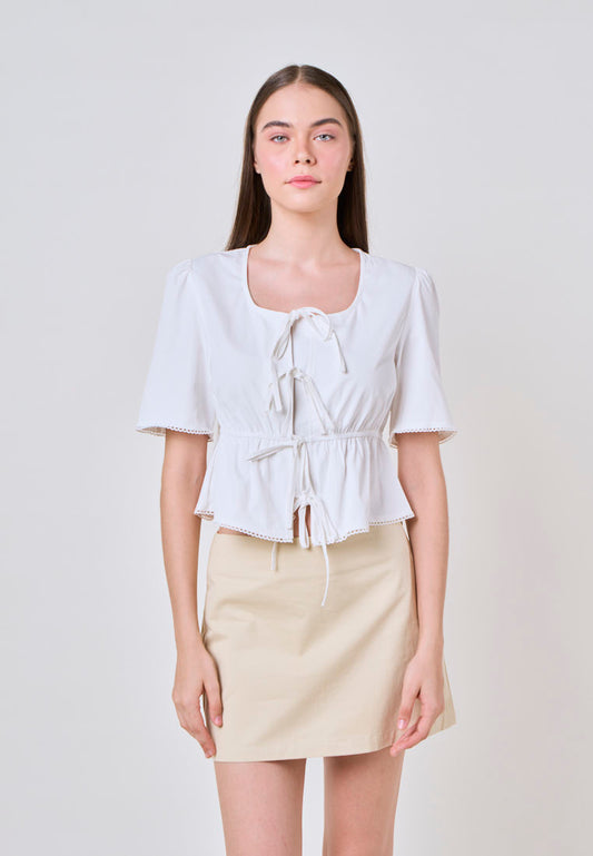 Mossimo Lucy White Self-Tie Peplum Woven Top w/ Lace