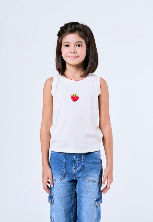 Mossimo Kids Alina Beige Strawberry Fruit Ribbed Top