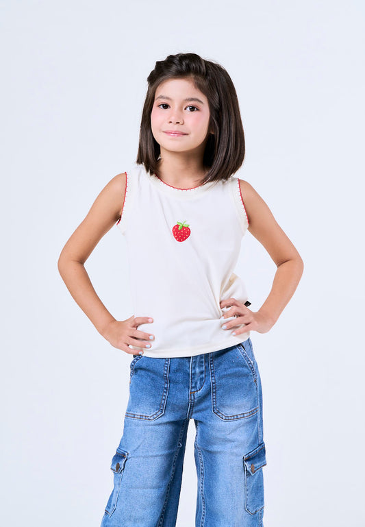 Mossimo Kids Alina Beige Strawberry Fruit Ribbed Top