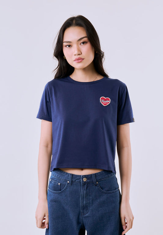 Mossimo Women's Navy Patch Heart Logo Classic Cropped Fit Tee