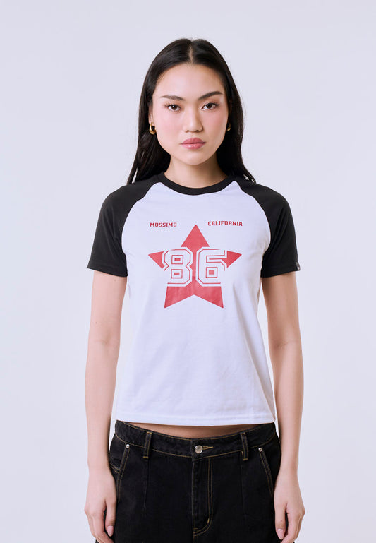 Mossimo Women's White Star Graphic 86 Logo Raglan Classic Fit Tee