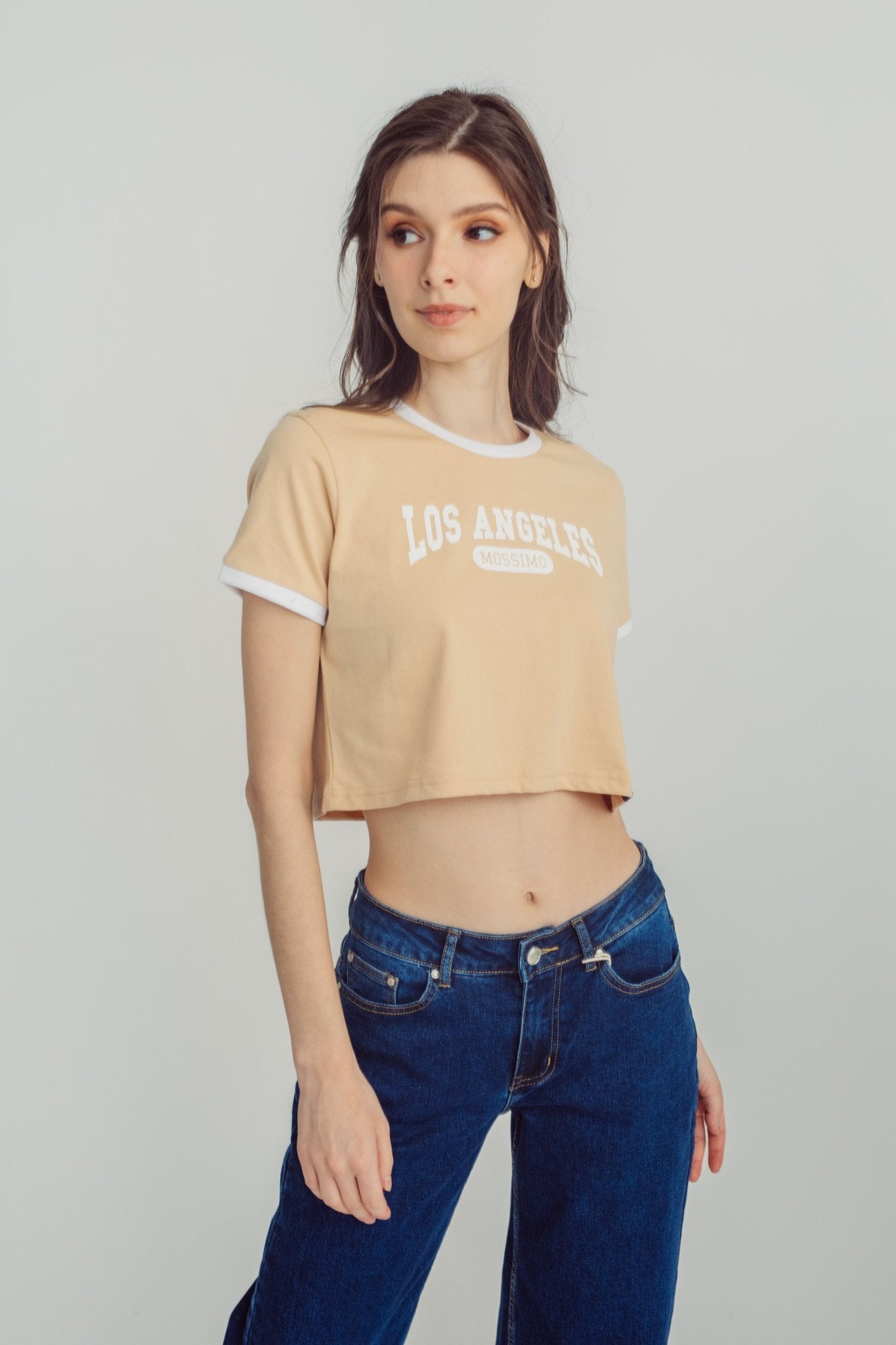 Beige Los Angeles Embossed Big Branding Vintage Cropped Tee