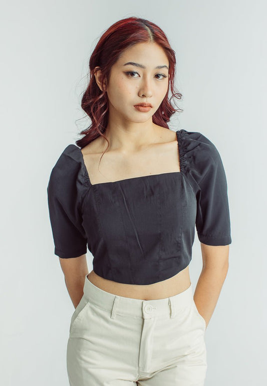 Bella Black Woven 3/4 Sleeves Square Neck Crop Bustier - Mossimo PH