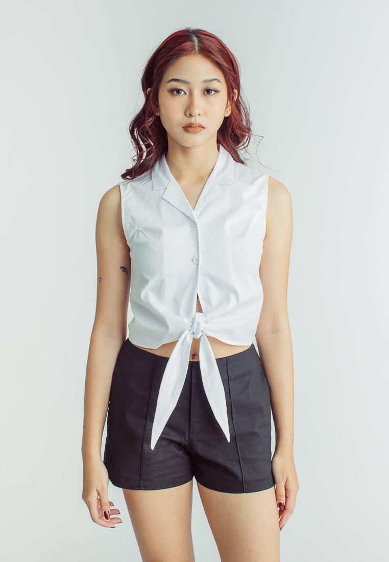 Donna White Cropped Sleeveless Buttondown with Ribbon Tie