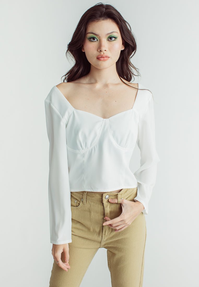 Jenica White Woven Cut Long Sleeves Bustier