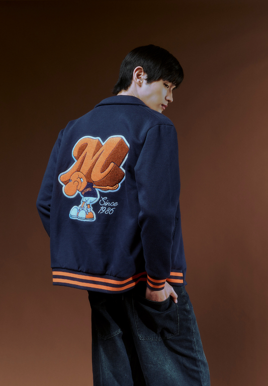 Mossimo Schnozy Navy Blue Varsity Jacket with Embroidery For Men