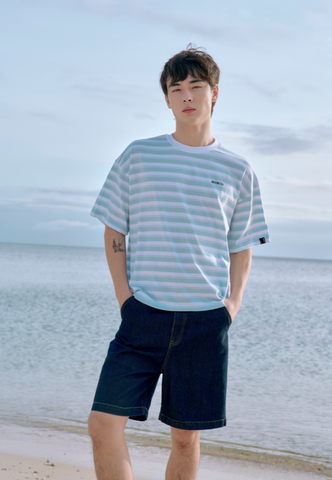 Mossimo Arlo Blue White Cropped Loose Fit Tee  Premium Round Neck For Men