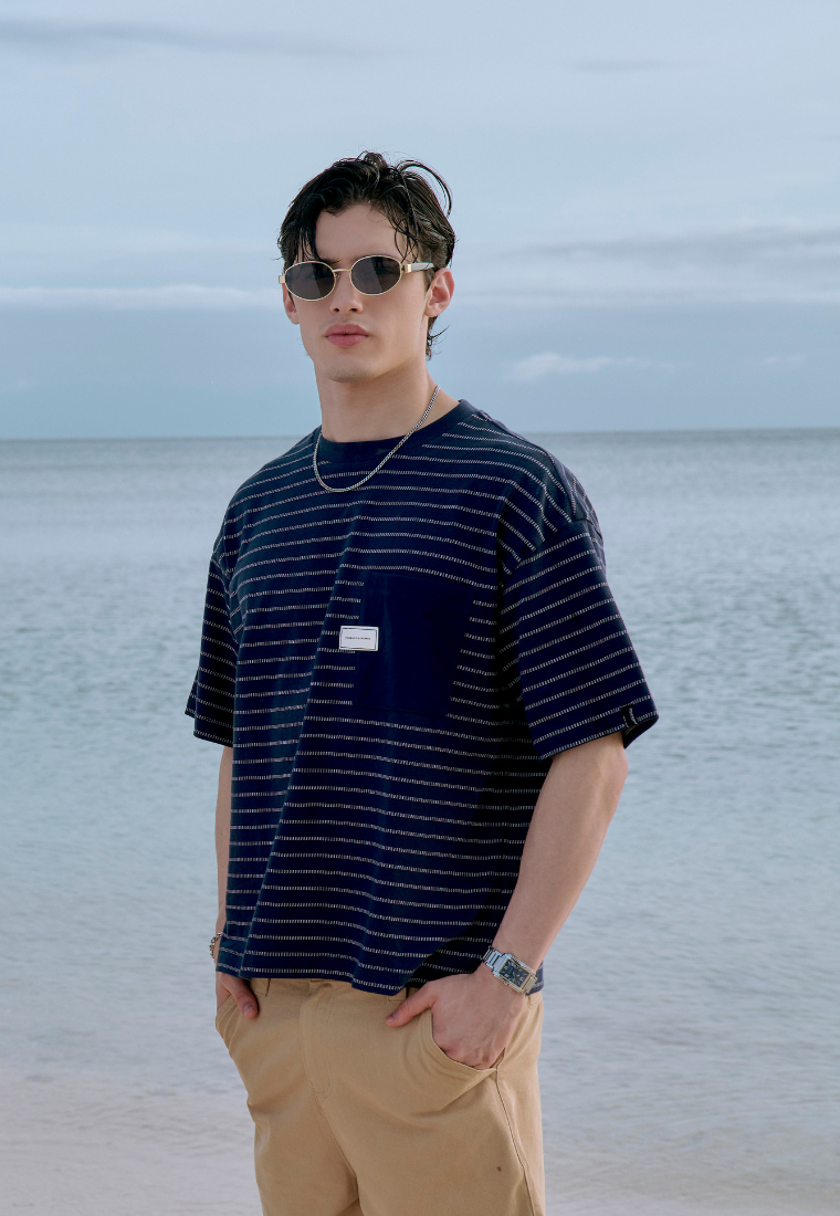 Mossimo Dalton Navy White Cropped Loose Fit Tee Round Neck For Men