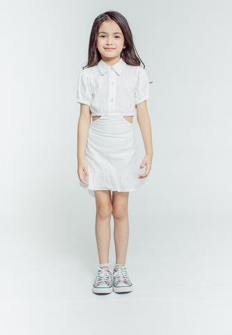 Mossimo Kids Girls Mica White Button Front Cut Out Puff Sleeve High Low Ruffle Hem Dress