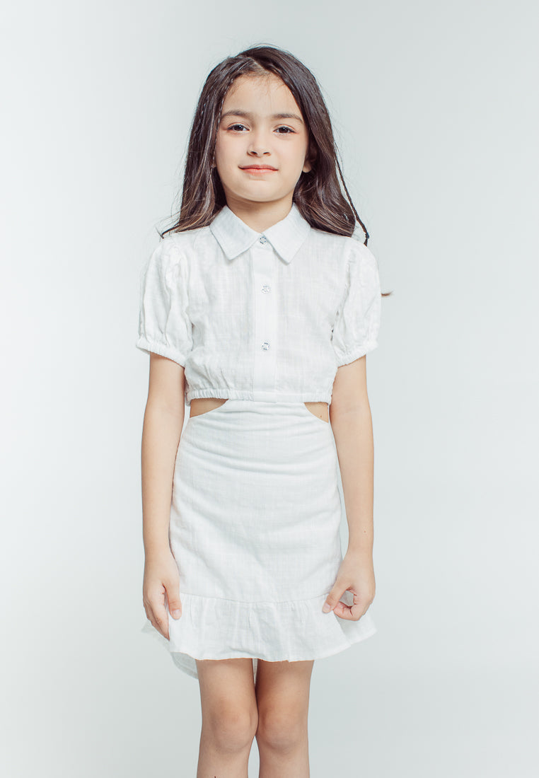Mossimo Kids Girls Mica White Button Front Cut Out Puff Sleeve High Low Ruffle Hem Dress