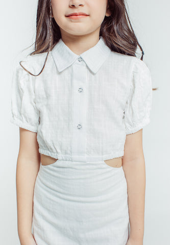 Mossimo Kids Girls Mica White Button Front Cut Out Puff Sleeve High Low Ruffle Hem Dress