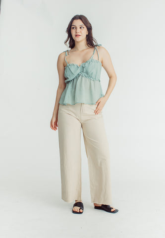 Nika Sage Green Peplum Top with Ruffle Details and Ribbon Tie Straps