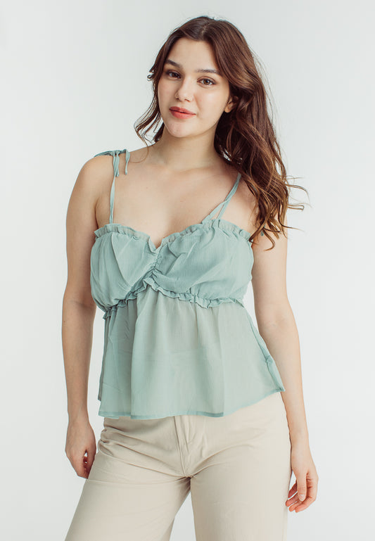 Nika Sage Green Peplum Top with Ruffle Details and Ribbon Tie Straps