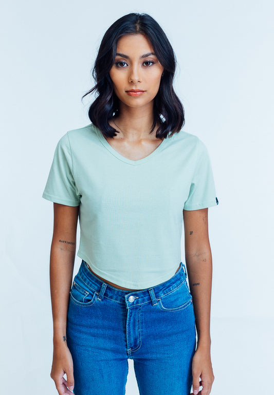 Mossimo Nala Fog Green V Neck with Hem Retro Cropped Fit Tee