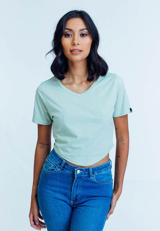 Mossimo Nala Fog Green V Neck with Hem Retro Cropped Fit Tee