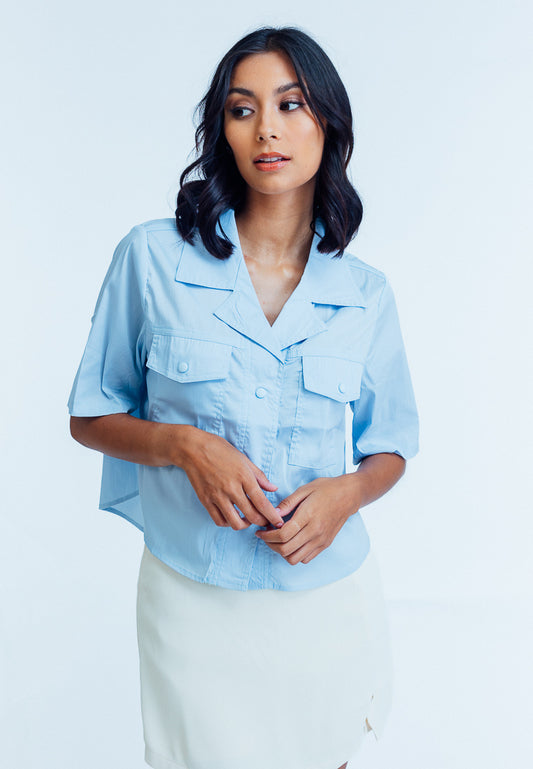 Mossimo Sabrina Faded Denim Short Sleeve Cropped Blouse