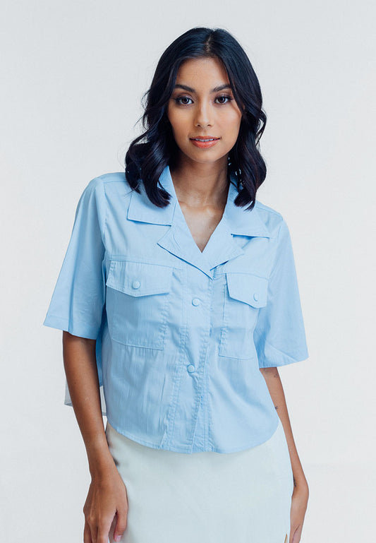 Mossimo Sabrina Faded Denim Short Sleeve Cropped Blouse