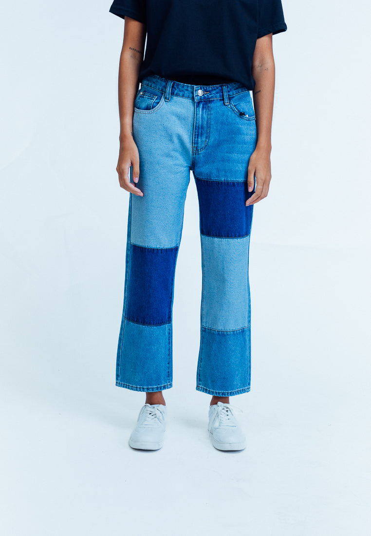 Mossimo Elaisa Medium Blue Patchwork Straight Mid Jeans