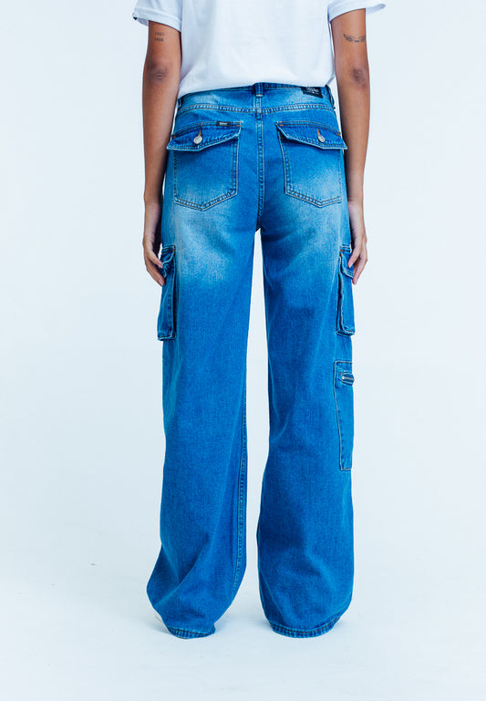 Mossimo Glaiza Medium Blue Baggy Cargo Mid Rise Fit Jeans