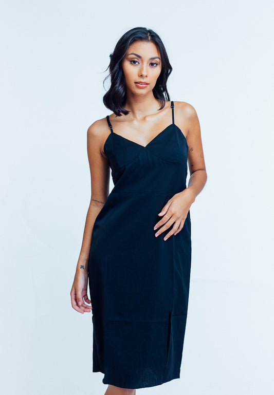 Mossimo Paulina Black Midi Form Fitting Dress with Side Slit