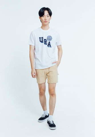 White Premium Basic Round Neck Classic Fit Tee with Flocking and Flat Print Tee