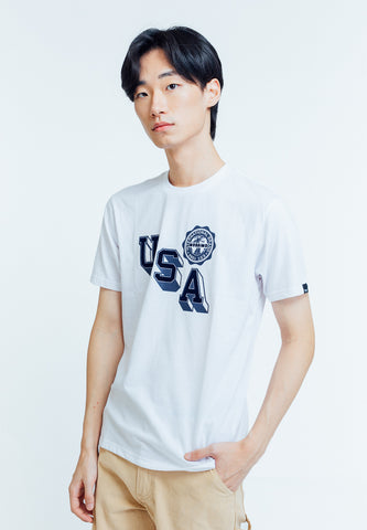 White Premium Basic Round Neck Classic Fit Tee with Flocking and Flat Print Tee