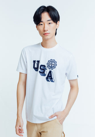 White Premium Basic Round Neck Classic Fit Tee with Flocking and Flat Print Tee